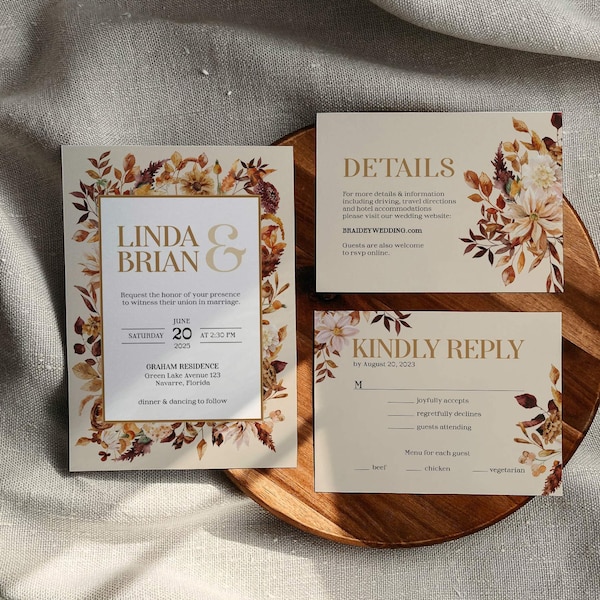 Fall Wedding Invites, Invitation Template Download, Autumn Wedding Invitation Suite Fall Theme #067c