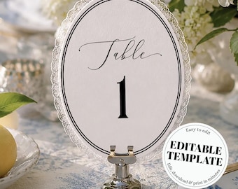 Oval Table Number Template, Vintage Lace Trim Wedding Card, Classic Editable Reception Decor Printable 040WH-TBNR
