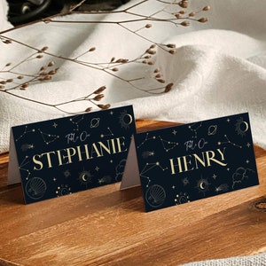 Tarjetas de lugar celestiales para bodas con luna y estrellas #063