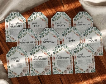 Year of Firsts Wine Tags, 12 Marriage Milestone Wine Labels as unique wedding gift for the couple for wine lovers #075