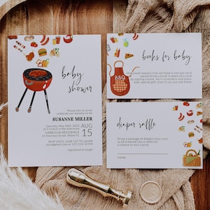 BBQ Baby Shower Invite Template, Barbeque Baby Sprinkle Invitation Diaper Raffle & Books for Baby with Digital Download #072a