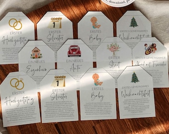Marriage Milestone Wine Tags, Year of Firsts, German Printable Wedding Gift