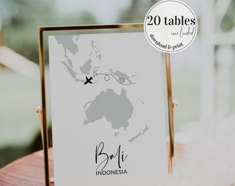 20 Travel Table Numbers for Destination Wedding, Guest Seating Cards with Travel Theme | printable template #072w