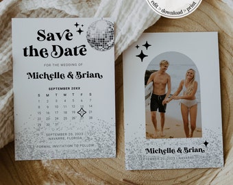 Disco Save the Date Template, Calendar Wedding Card, Retro Editable Party Announcement 065D-STDCAL