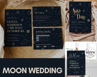 Celestial Wedding Invitation Suite Template, Moon and Stars Printable Stationery Bundle