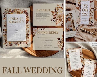 Fall Wedding Invitation Set for Rustic Wedding in Autumn includes invitation wedding sign and much more #067c