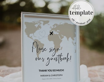 Please Sign Our Guestbook Printable Template for Destination Wedding Signage Decorations with World Map #072w