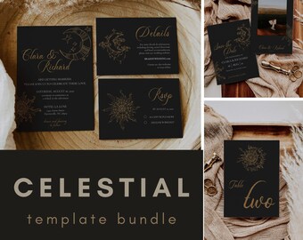 Puede incluir: Un conjunto de plantillas de invitación de boda en negro y dorado con un tema celestial. Las plantillas presentan ilustraciones del sol, la luna y las estrellas. El texto en las plantillas incluye los nombres "Clara & Richard", la fecha "6 de agosto de 2024" y la ubicación "Hotel La Lune".