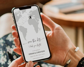 Destination Wedding Save the Date Template, Boarding Pass World Map Digital Invite 072W-PSTD