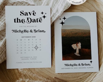 Retro Wedding Save the Date Calendar, Groovy 70s Disco Wedding Invitation Editable Template 065B-STDCAL