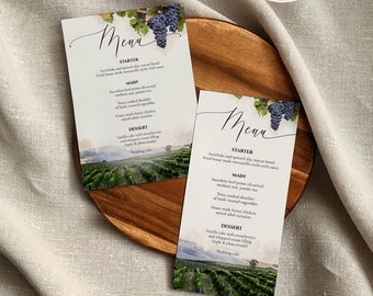 Napa Wedding Menu Cards, Winery Menu Template for Wedding, Bridal Shower or Bachelorette Party Weekend #080