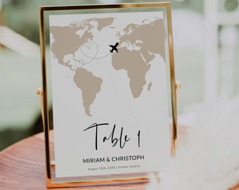 Destination Wedding Table Numbers Template, Travel Wedding Table Numbers with World Map #072w