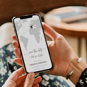 Tarjeta de embarque para guardar la fecha en una boda de destino, invitación para boleto de boda, mapa del mundo para guardar la fecha, teléfono Evite #072w