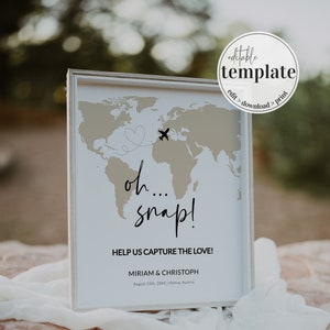 Plantilla imprimible de letrero con hashtag de boda "Oh Snap" para decoraciones de bodas de destino n.° 072w