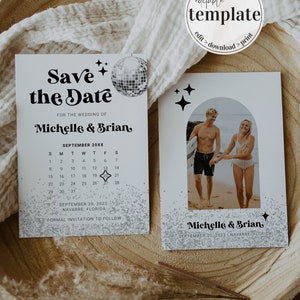 Disko Hochzeit Save the Date Kalender für 70er Jahre inspirierte Hochzeitsfeier | Bearbeitbar Groovy Hochzeitseinladung | Retro Party Einladung #065d