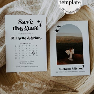 Retro Wedding Save the Date Calendar Template for 70s themed disco wedding, Groovy Disco Wedding Invitation, Printable Template #065b