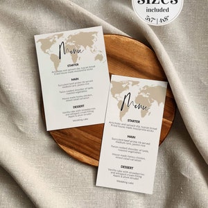 Menù di nozze da viaggio per decorazioni per matrimoni a destinazione con mappa del mondo #072w