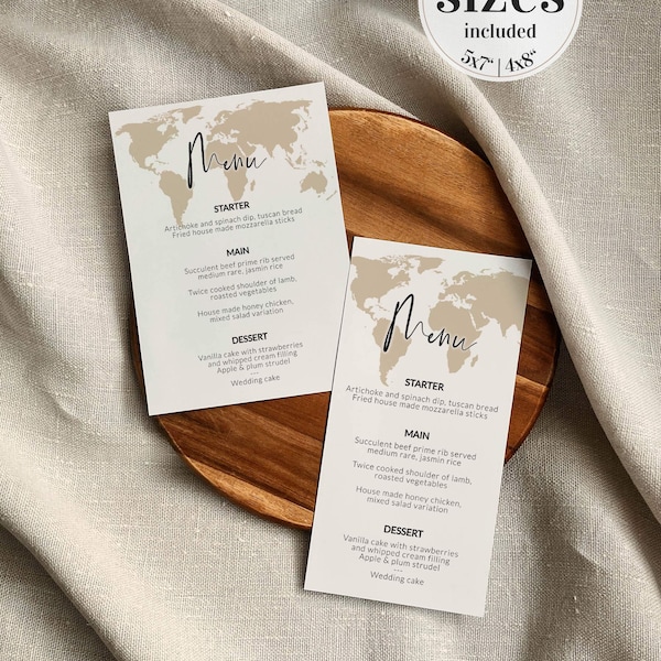 Carte de menu de mariage de voyage pour le décor de mariage de destination avec la carte du monde #072w