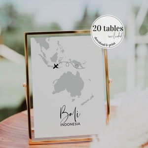 20 Travel Table Numbers for Destination Wedding, Guest Seating Cards with Travel Theme | printable template #072w