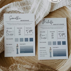 Modèle de carte d'informations de demoiselle d'honneur bleu poussiéreux pour une infographie de demoiselle d'honneur de mariage céleste à télécharger et à imprimer #072