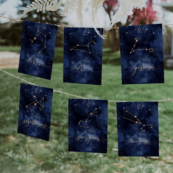 Celestial Wedding Decor Constellation Table Numbers with 12 Zodiac Signs, Seating Chart with Stars #066