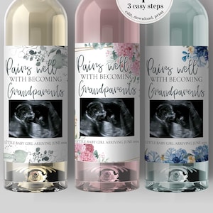 Pregnancy Announcement Grandparents Daddy Aunt or Uncle with Ultrasonic Wine Label Template perfect Wine Bottle Gift #072