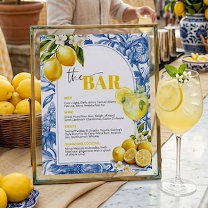 Puede incluir: Un bar al aire libre con un letrero que dice "the BAR" con un diseño floral azul y blanco. El bar cuenta con limones, cócteles y una variedad de bebidas. Una persona está detrás de la barra, preparando una bebida.