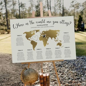 以下が含まれることがあります： 金色の世界地図のデザインが施された、イーゼル上の結婚式の座席表。看板には、オリビアとピーターの名前、結婚式の日付と場所が記載されています。地球儀、本、ヴィンテージのスーツケースがイーゼルの土台にあります。
