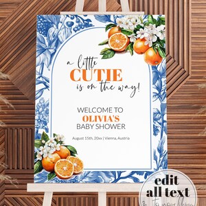May include: A baby shower sign on an easel with a blue and white floral design. The sign reads "a little cutie is on the way!" with the text "Welcome to Olivia's Baby Shower". Oranges and flowers decorate the sign.