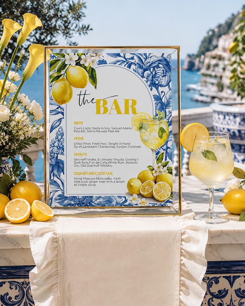 Limoncello Spritz Bar Menu Template, Citrus Lemon Amalfi Coast Bridal Shower Sign 102LE-BAME image 1