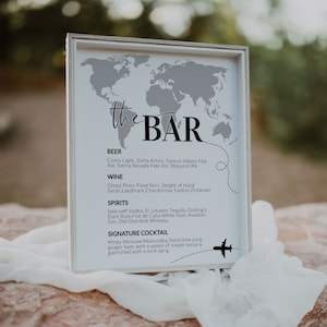 Bar Menü-Schild für Reise Themen Hochzeit Hochzeit | Benutzerdefinierte Cocktail Bar Schild | Getränkekarte mit Weltkarte | Druckbare Vorlage #072w