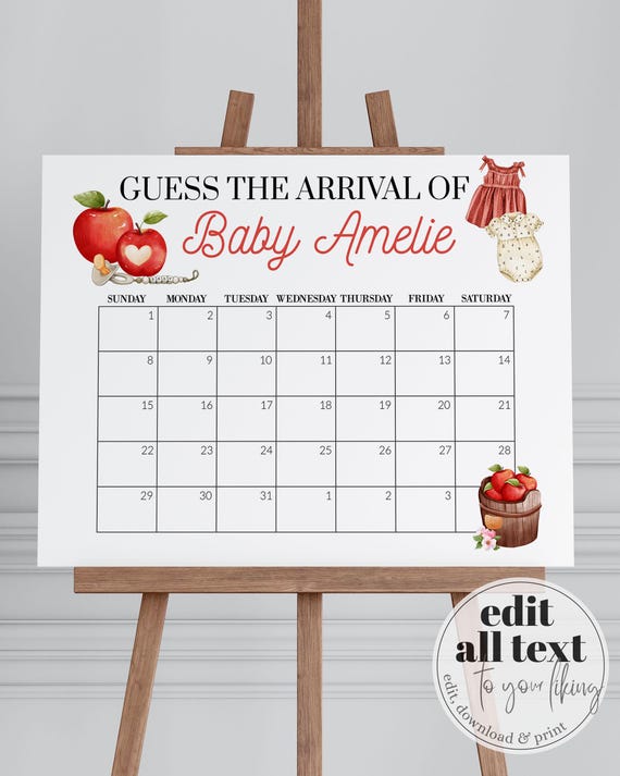 Apple of Our Eye Guess Due Date Game Sign Harvest Baby Shower Template 093AP-GUDD