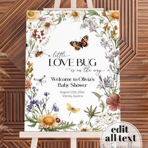 Letrero de bienvenida para baby shower con diseño de Lovebug de flores silvestres, letrero decorativo con diseño de Lovebug en camino, plantilla para fiesta de mariposas de género neutro n.° 072