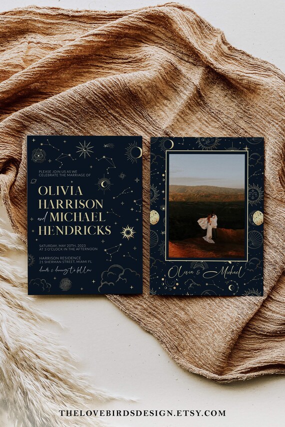 Mystical Celestial Wedding Invitation Template, Blue and Gold Sun Moon Design 063CE-WEINV