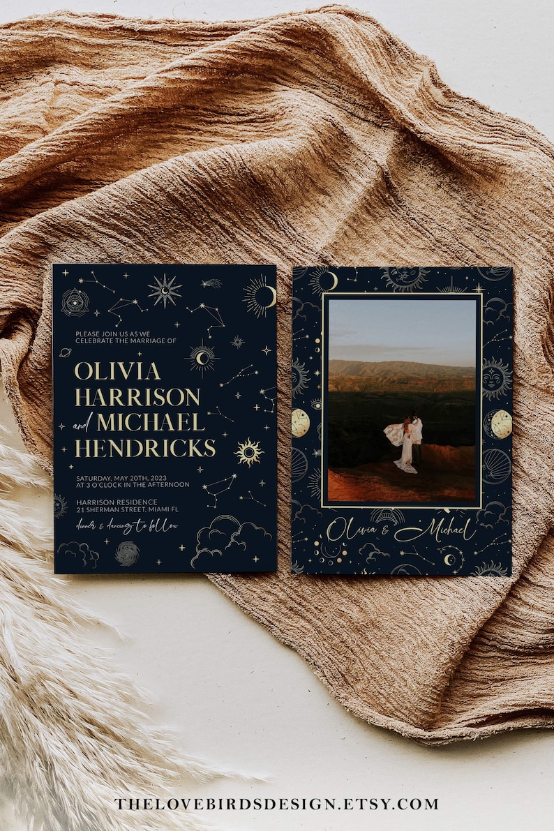 May include: A navy blue wedding invitation with gold celestial illustrations and text. The invitation reads "Please join us as we celebrate the marriage of Olivia Harrison and Michael Hendricks. Saturday, May 20th, 2023 at 3 o'clock in the afternoon. Harrison Residence, 21 Sherman Street, Miami FL.  Dinner & dancing to follow."
