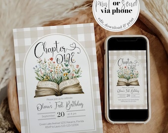 Chapter One 1st Birthday Invitation Template, Storybook Book Party Invite One for the Books 077GI-BINV