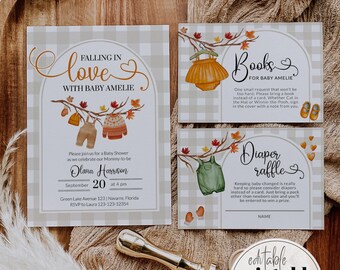 May include: A set of three baby shower invitation cards featuring a light gray gingham pattern, autumn leaf illustrations, and baby clothing graphics. The text includes Falling in Love with Baby Amelie, Books for Baby Amelie, and Diaper Raffle.