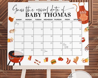 May include: A printable baby shower game with a BBQ theme. The game is a calendar with the month of May and June showing. Guests can guess the arrival date of Baby Thomas.