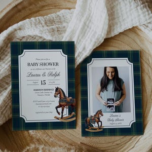 May include: Baby shower invitations with a dark green and navy plaid border. The invitation includes the text "Baby Shower" and the names "Lauren & Ralph". A rocking horse graphic is featured on the invitation.