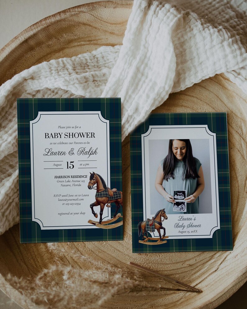 May include: Baby shower invitations with a dark green and navy plaid border. The invitation includes the text "Baby Shower" and the names "Lauren & Ralph". A rocking horse graphic is featured on the invitation.