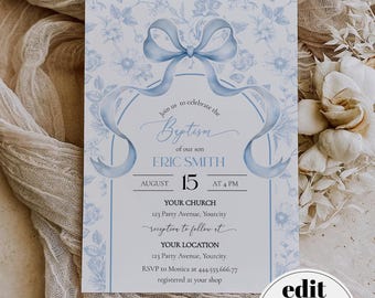Boy Baptism Invitation Template, Blue Floral Toile Bow Christening Invite 079SB-BAPINV