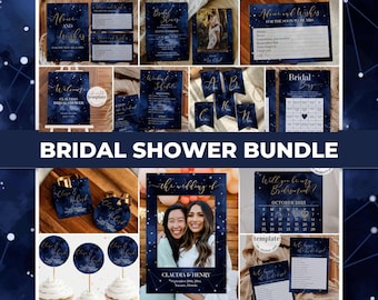 May include: A bridal shower bundle with a celestial theme. The printable designs feature a navy blue watercolor background with gold foil accents and constellations. The bundle includes a welcome sign, advice cards, a bridal bingo card, a photo booth frame, and more.
