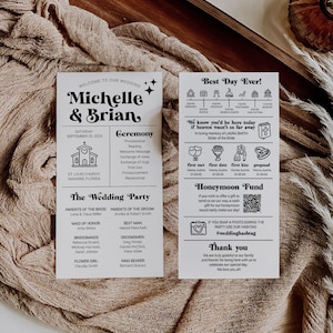 Retro 70s Wedding Program Template Funky Ceremony Timeline Printable Groovy Vintage Itinerary Classic 065B-WEPR