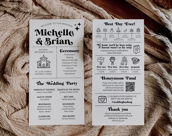 Retro 70s Wedding Program Template Funky Ceremony Timeline Printable Groovy Vintage Itinerary Classic 065B-WEPR