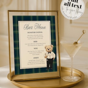 Signature Cocktail Bar Menu Template, Preppy Teddy Bear Party Sign, Digital Download 068RL-BAME