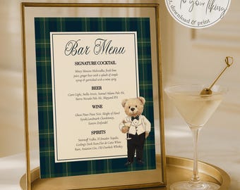 Signature Cocktail Bar Menu Template, Preppy Teddy Bear Party Sign, Digital Download 068RL-BAME