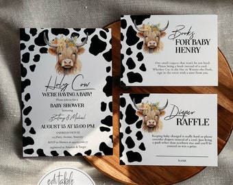 Highland Cow Baby Shower Invitation Set, Holy Cow Floral Boho Template 022COW-BSINV