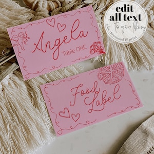 Tarjetas de lugar para la noche de chicas del Día de Galentine escritas a mano, etiquetas de comida para fiesta de pijamas de San Valentín en color rosa y rojo con garabatos divertidos, plantilla para la cena de Galentine n.° 070