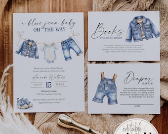 Blue Jean Baby Shower Invitation for Boys, Denim Diamond Blue Jeans Baby on the Way, Boy Denim Shower Theme Baby Shower Invite Template #072