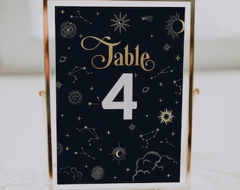 Celestial Wedding Table Numbers Template, Tarot Moon and Stars Printable Décor 063CE-TBNR
